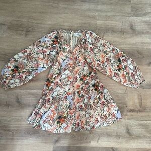 Anna Cate Floral Patchwork Quilt Print Mini Dress Puff Sleeve Boho Cottagecore S